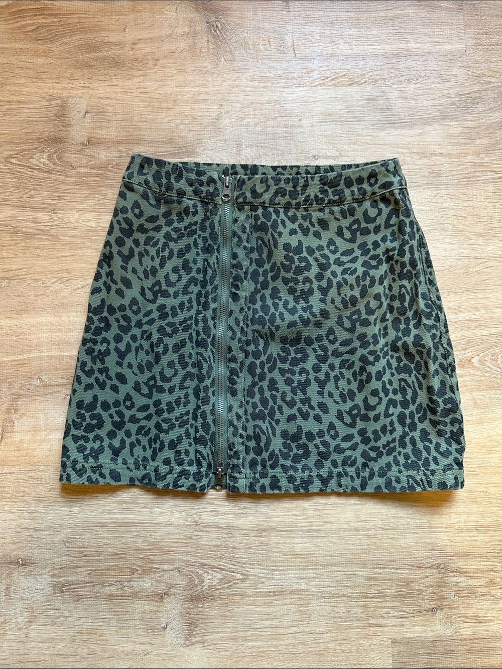 Altar'd State Olive Leopard Zip-Front Mini Skirt